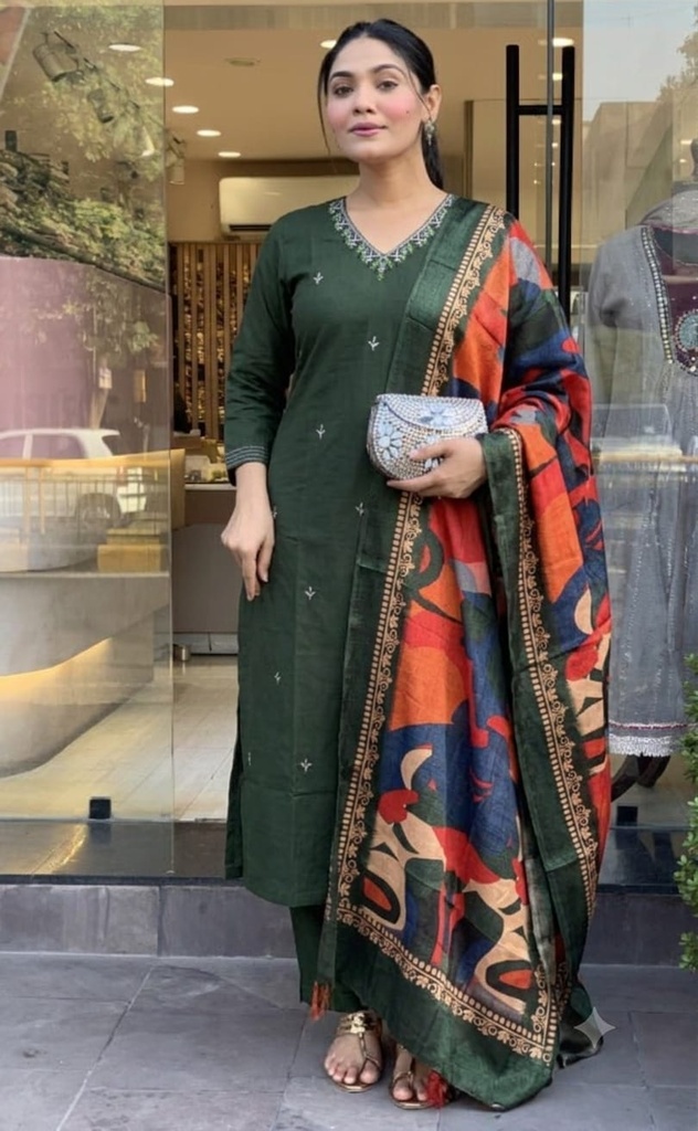 Beautiful 3 Piece Cotton Suit For Women (M, Green)