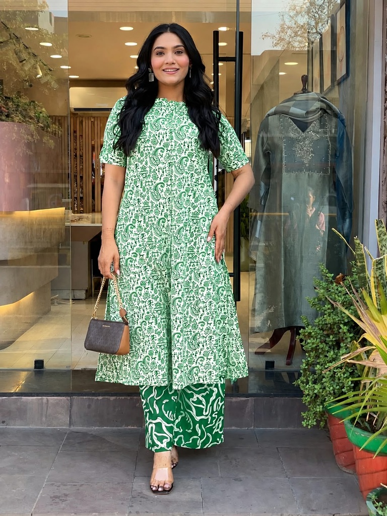 Floral Cotton 60-60 A-Line Kurti Palazzo Co-ord Set (M)