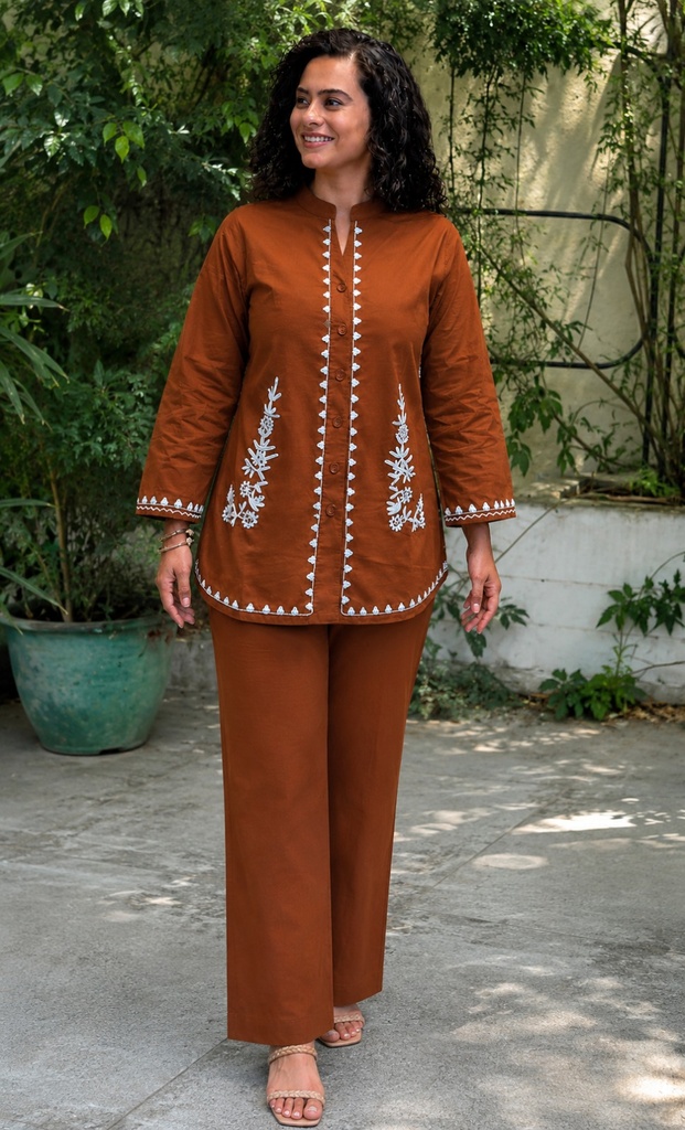 Rust Brown Premium Cotton Flex Co-ord Set - White Embroidery (M)